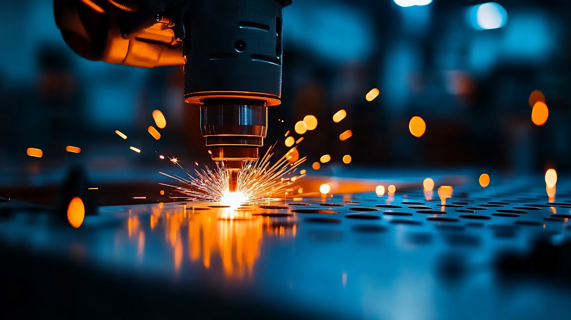 Robotic laser cutting machine cutting metal sheet with sparks in an industrial factory